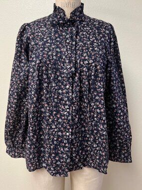 EUC Vintage 80s Country Floral Stand Collar Tie Front Pearl Button Blouse Small